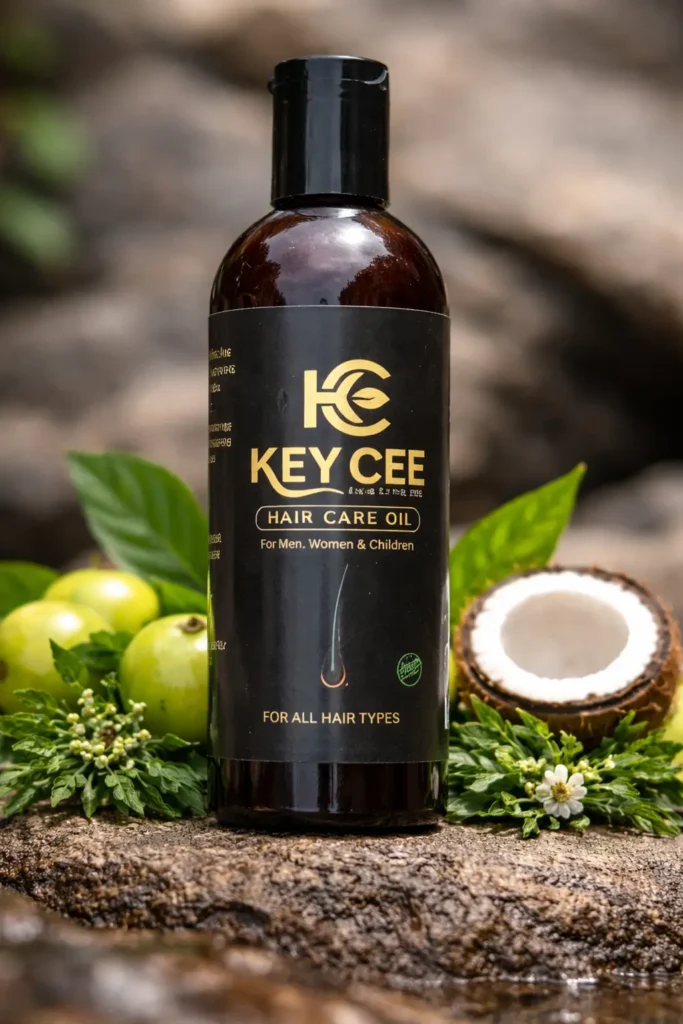 Bottle of herbal hair care oil displayed on a rock outdoors, surrounded by fresh leaves and coconut
